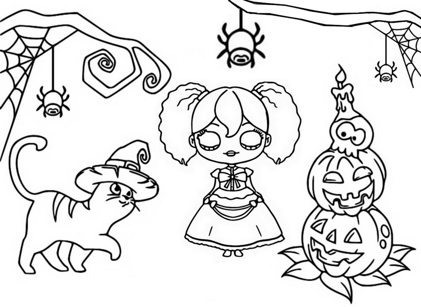 Dibujo para colorear Calabaza - arañas - gato - Poppy Playtime Halloween