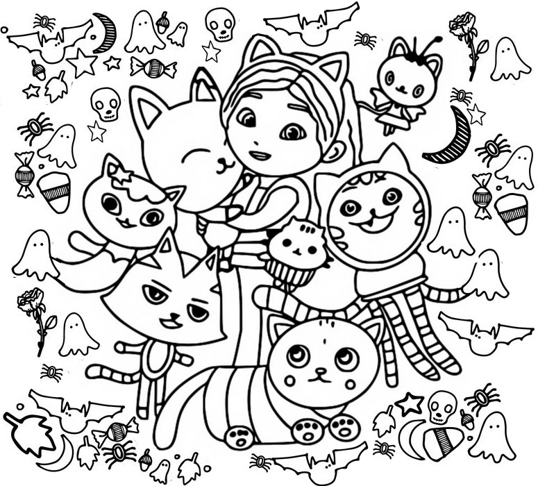 Coloring page Gabby and her friends - Gabby's Dollhouse - Halloween