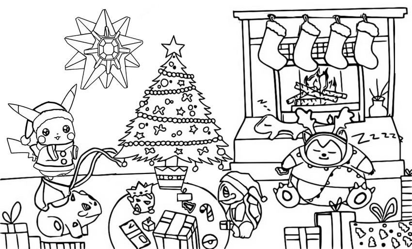 Coloring page Christmas tree and fireplace - Pokémon - Christmas