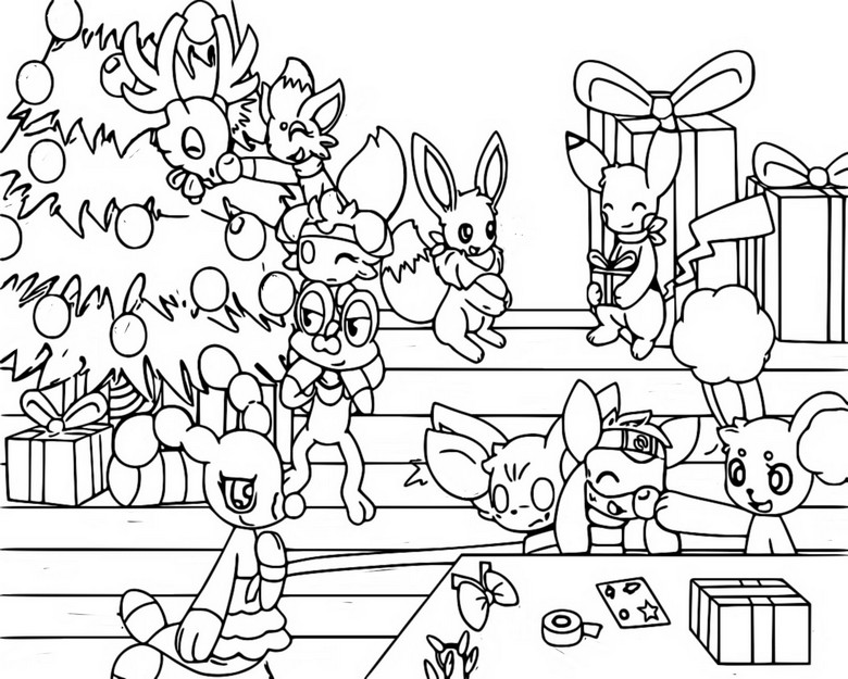 Desenho para colorir A preparação da festa - Pokémon - Natal