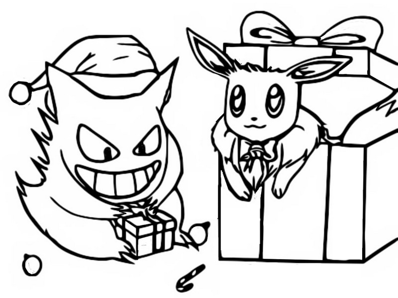 Coloring page Evee & Gengar - Pokémon - Christmas