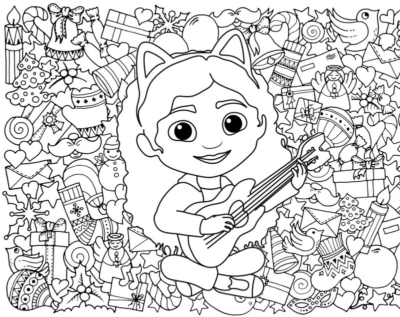 Desenho para colorir Gabby toca guitarra - A Casa Mágica da Gabby - Natal