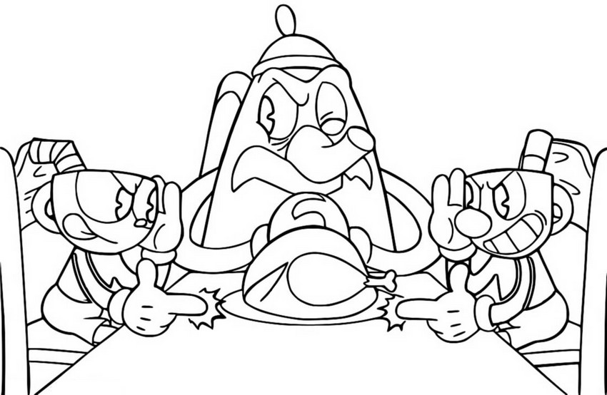 Coloring page Elder Kettle & Cuphead & Mugman