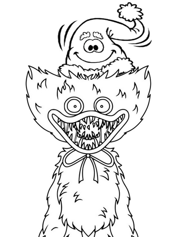 Desenho para colorir Huggy Wuggy Com seu chapéu de Papai Noel