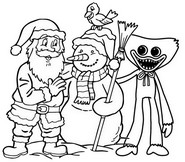 Kleurplaat Huggy Wuggy, Snowman en Santa Claus