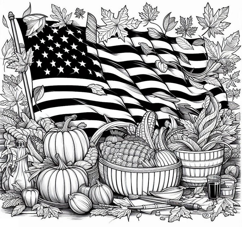 Kolorowanka Flaga Stanów Zjednoczonych Ameryki - Thanksgiving