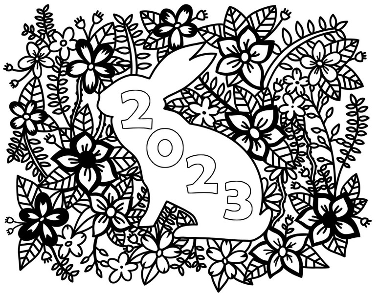 Desenho para colorir Feliz ano de coelho - Feliz Ano Novo 2023