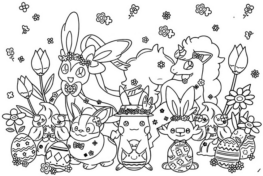 Kolorowanka Pikachu i jego przyjaciele - Wielkanocny Pokémon