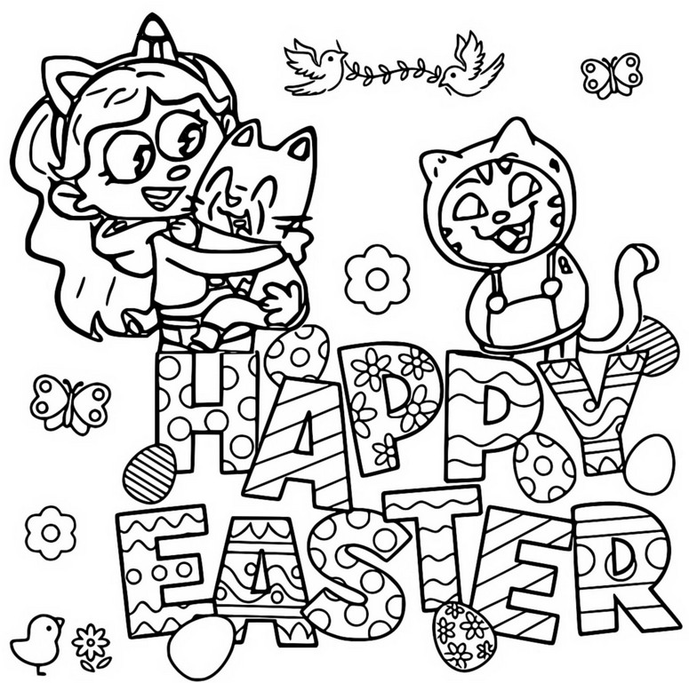 Disegno da colorare Happy Easter - Pasqua - La casa delle bambole di Gabby