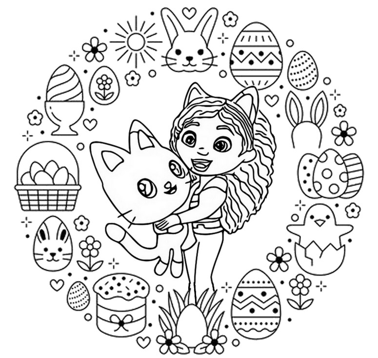 Disegno da colorare Gabby & Pandy Paws - Pasqua - La casa delle bambole di Gabby