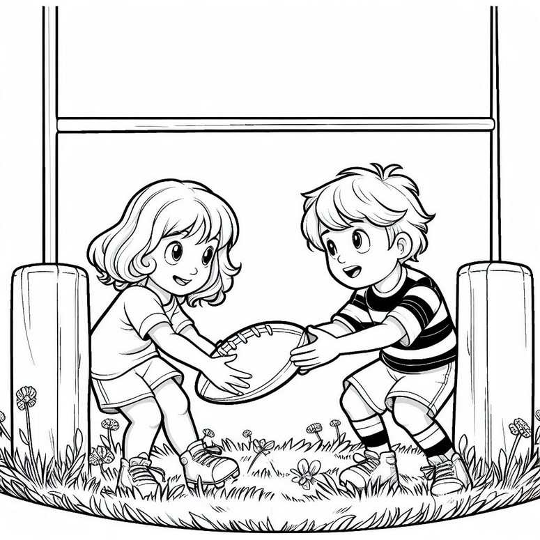 Coloriage Un garçon et une fille jouant au rugby - Coupe du Monde de Rugby France 2023
