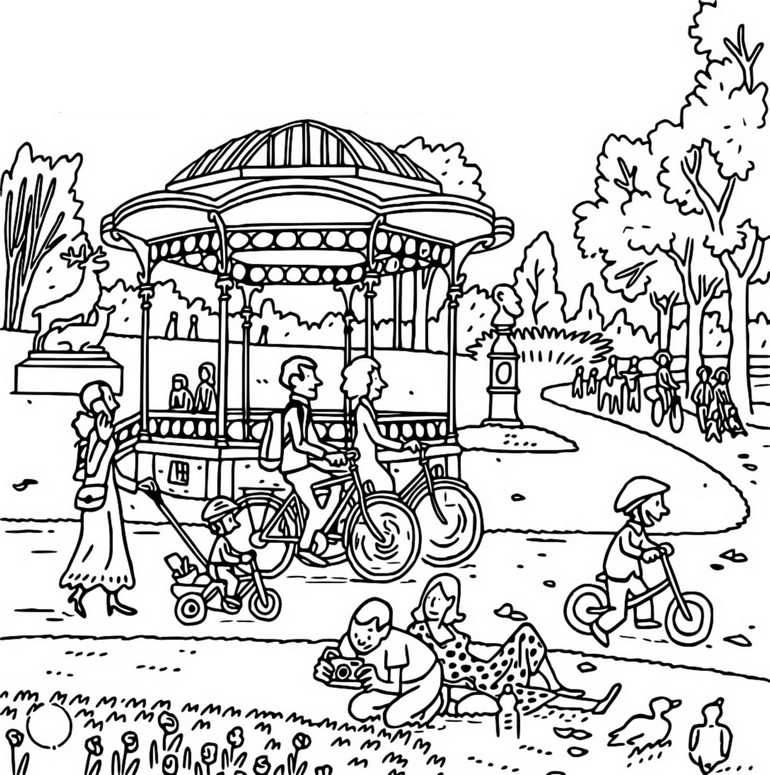 Coloriage Promenade à vélo au parc