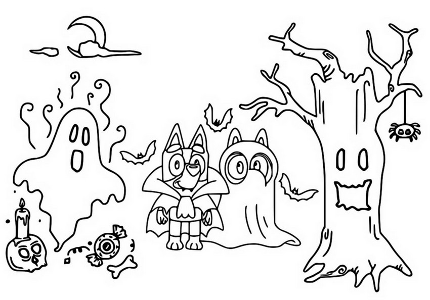 Desenho para colorir Halloween - truque ou tratamento - Bluey