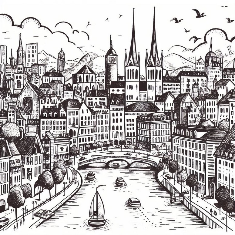 Desenho para colorir Cidade suíça