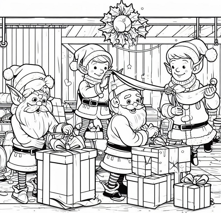 Coloriage Les lutins préparent les cadeaux - Le Père Noël