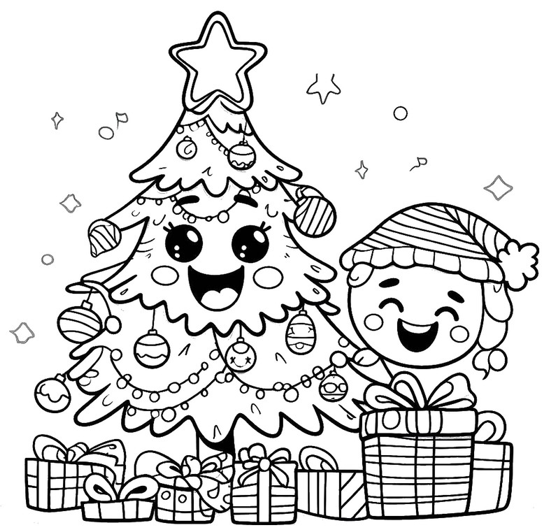 Coloriage Arbre de Noël drôle et souriant - Sapin de Noël
