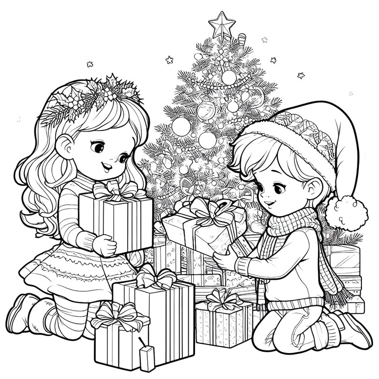 Coloriage Enfants ouvrant leurs cadeaux - Sapin de Noël