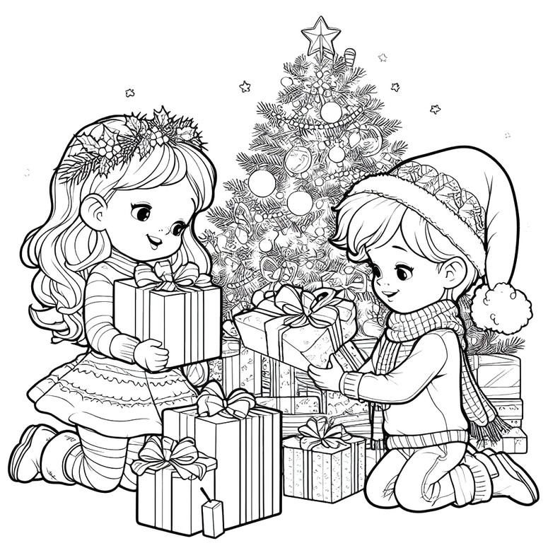 Coloriage Enfants ouvrant leurs cadeaux