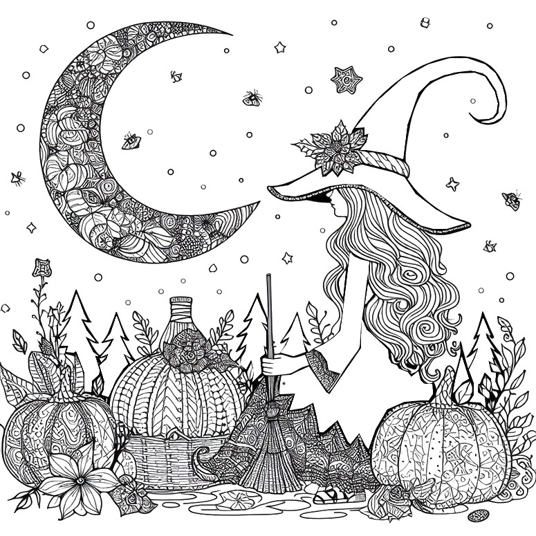 Kleurplaat Maan - Zentangle Halloween