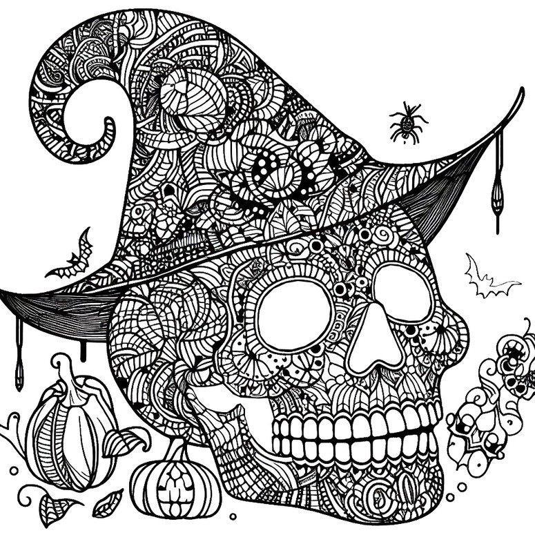 Coloriage Tête de mort avec un chapeau - Zentangle - Halloween