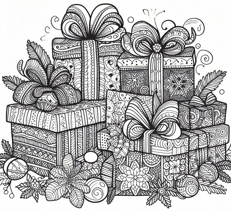 Coloriage Cadeaux de Noël - Zentangle - Noël