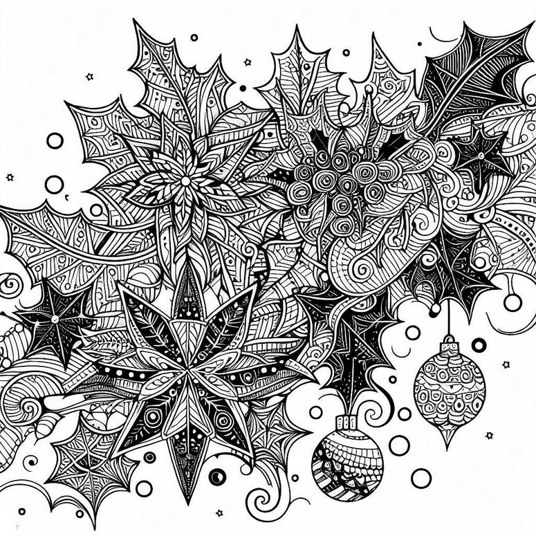 Coloring page Holly Christmas and Christmas decorations