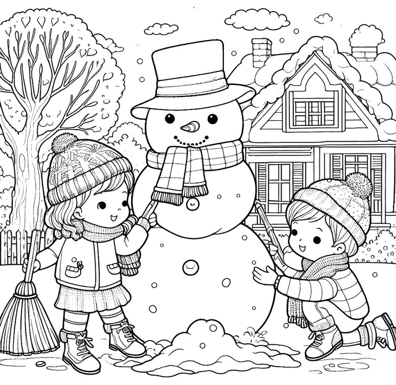 Kleurplaat Met kinderen - Sneeuwman