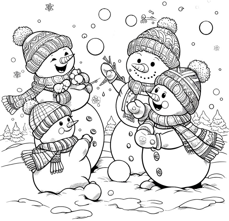 Coloring page With family - Snowman