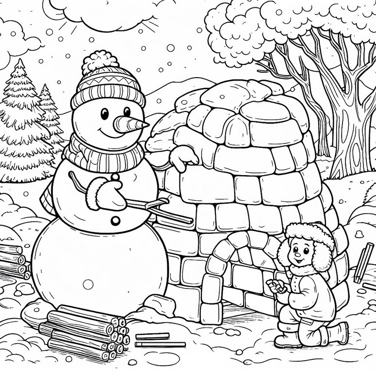 Dibujo para colorear Iglú - Muñeco de nieve
