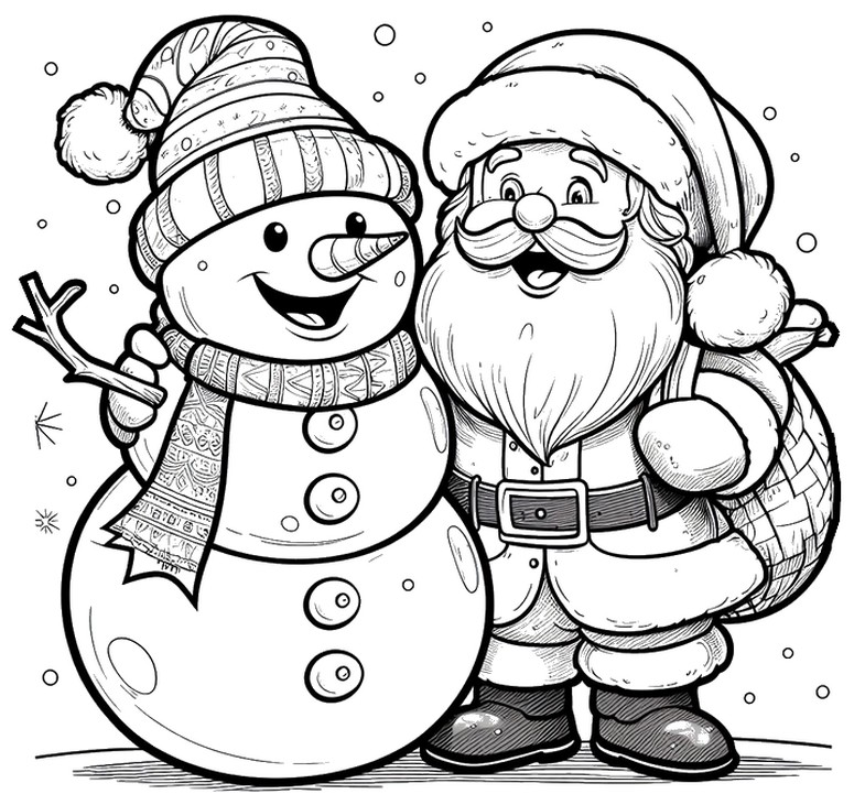Desenho para colorir Com Papai Noel - Boneco de neve