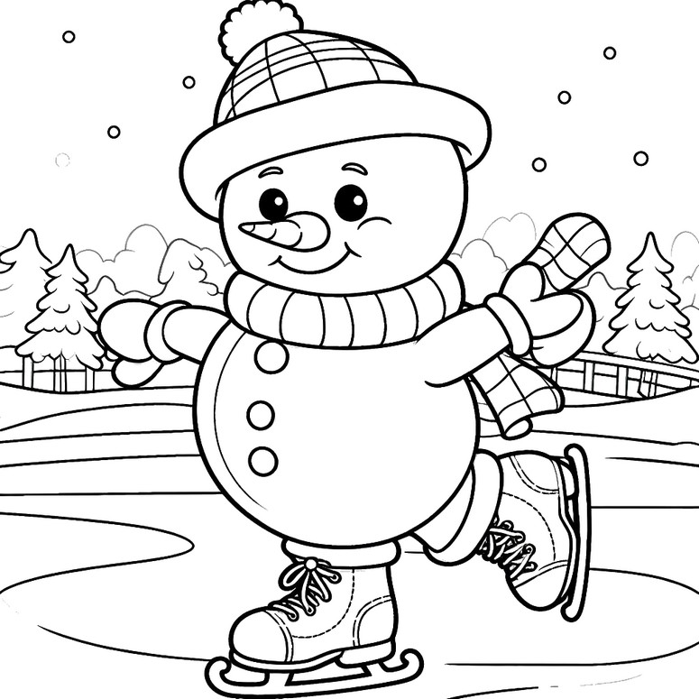 Kleurplaat Op schaatsen - Sneeuwman