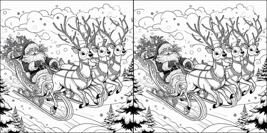 Coloring page Santa's sledding - Christmas game - Find the 7 differences
