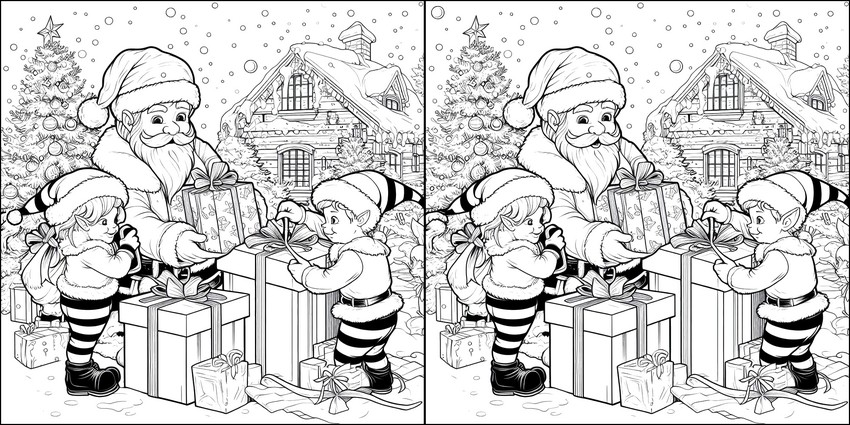 Kolorowanka Elfy Świętego Mikołaja - Świąteczna gra - znajdź 7 różnic