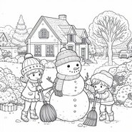 Dibujo para colorear Muñeco de nieve y niños