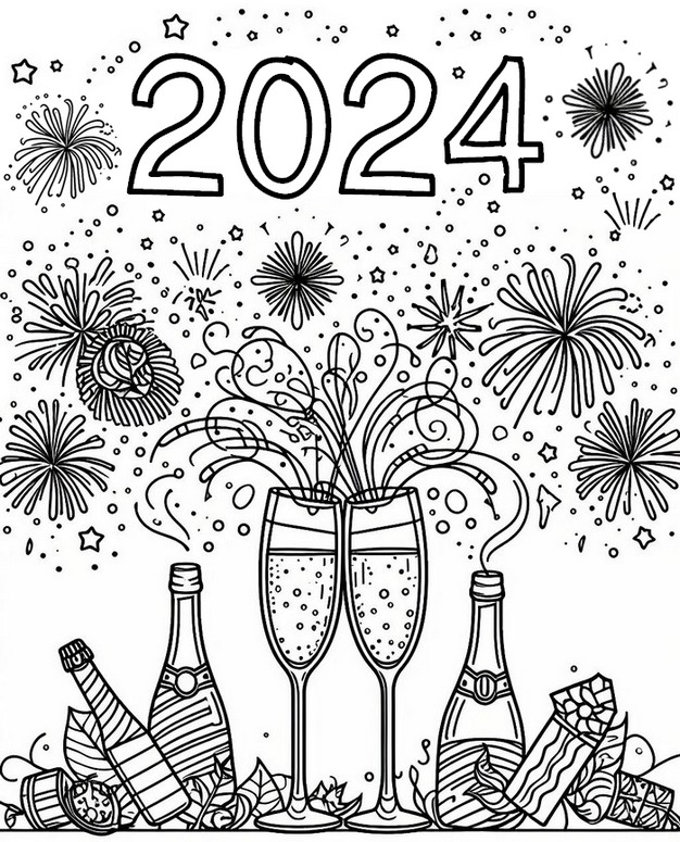Dibujo para colorear ¡Champán! - Feliz año nuevo 2024