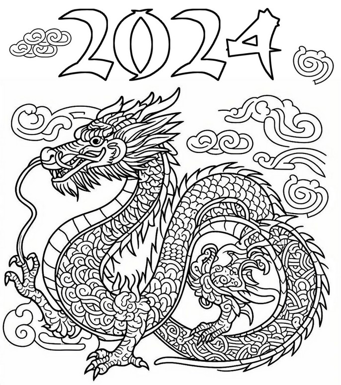 Desenho para colorir O ano do dragão - Feliz Ano Novo 2024