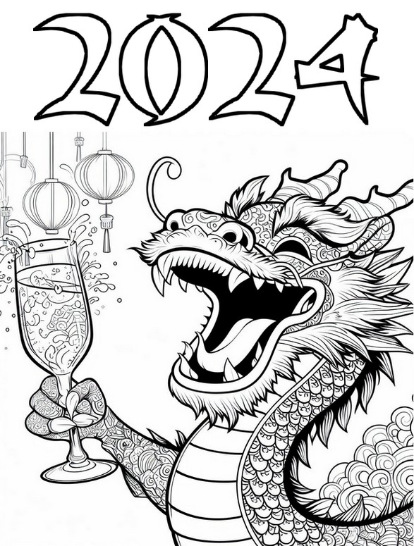 Coloring page Dragon - Happy New Year 2024