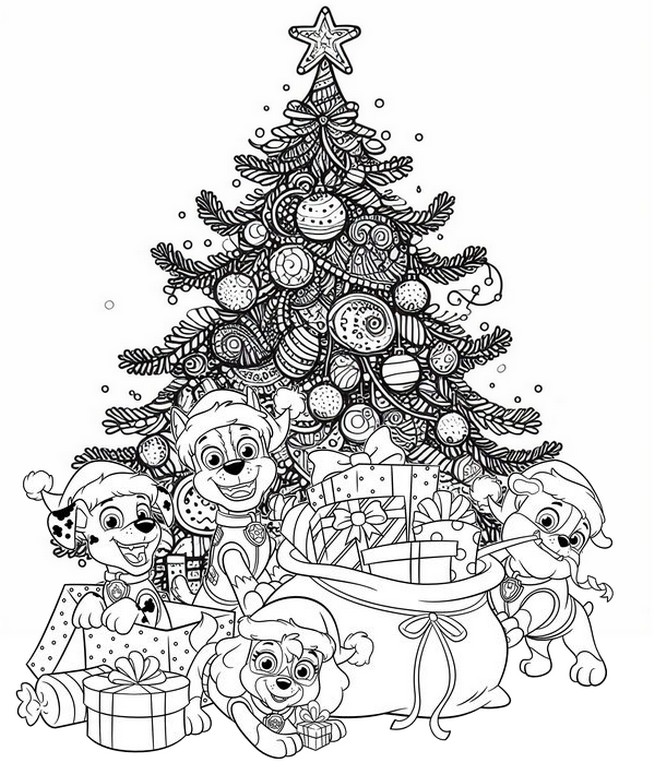 Kolorowanka drzewko świąteczne - Paw Patrol - Boże Narodzenie