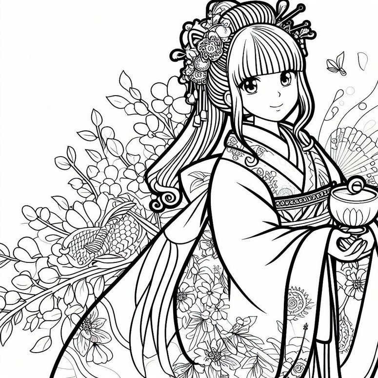 Coloring page Young girl in kimono