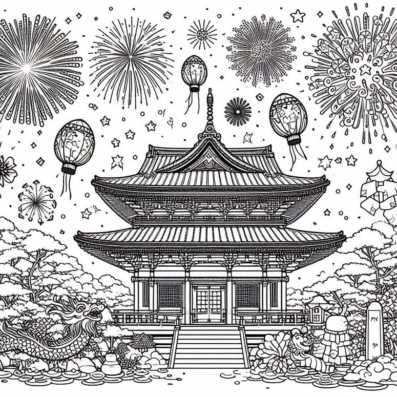 Coloring page Temple and fireworks