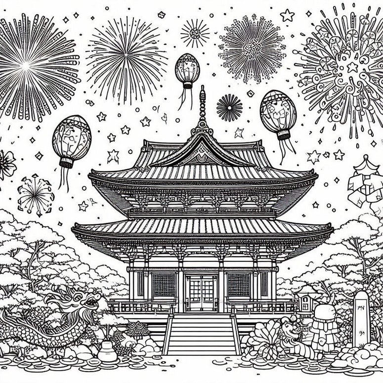 Coloriage Temple et feux d'artifices