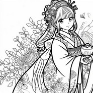 Hoja para colorear - Joven en kimono - Año nuevo japonés