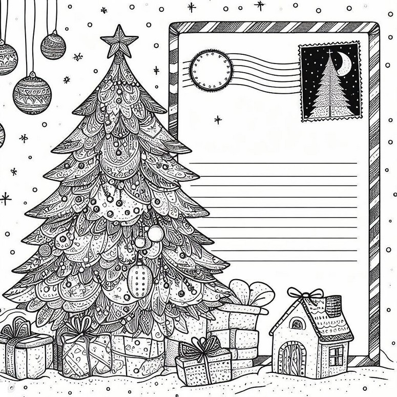 Coloring page Gifts at the foot of the Christmas tree
