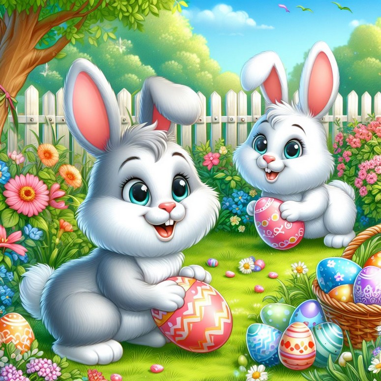 Coloring page Easter rabbits and eggs