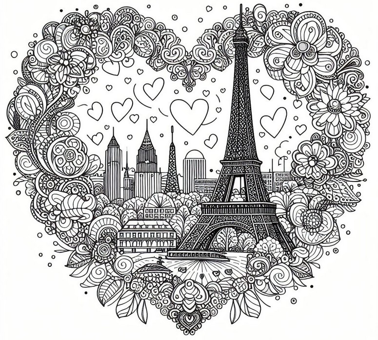 Tulostakaa värityskuvia Eiffel -torni sydämessä