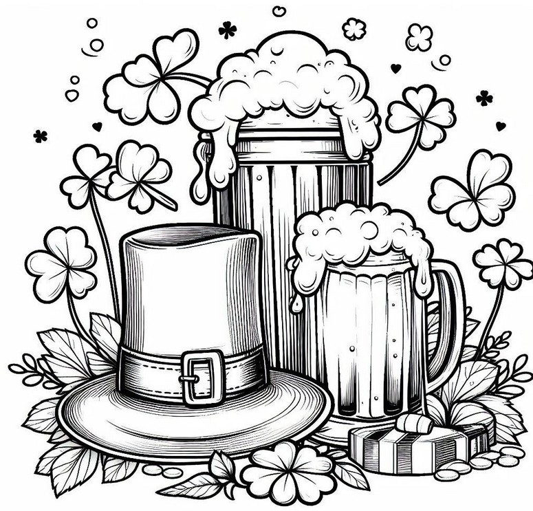 Coloriage Bière, chapeau et trèfles à quatre feuilles