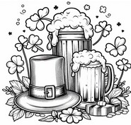 Desenho para imprimir - Cerveja, chapéu e trevo de quatro folhas - Dia de São Patrick