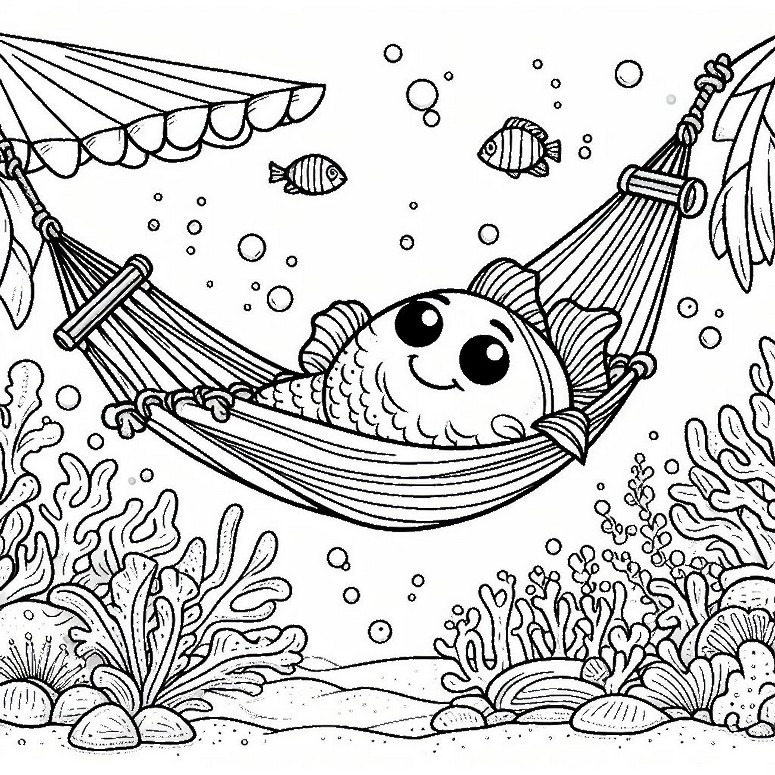 Coloriage Poisson dans un hamac