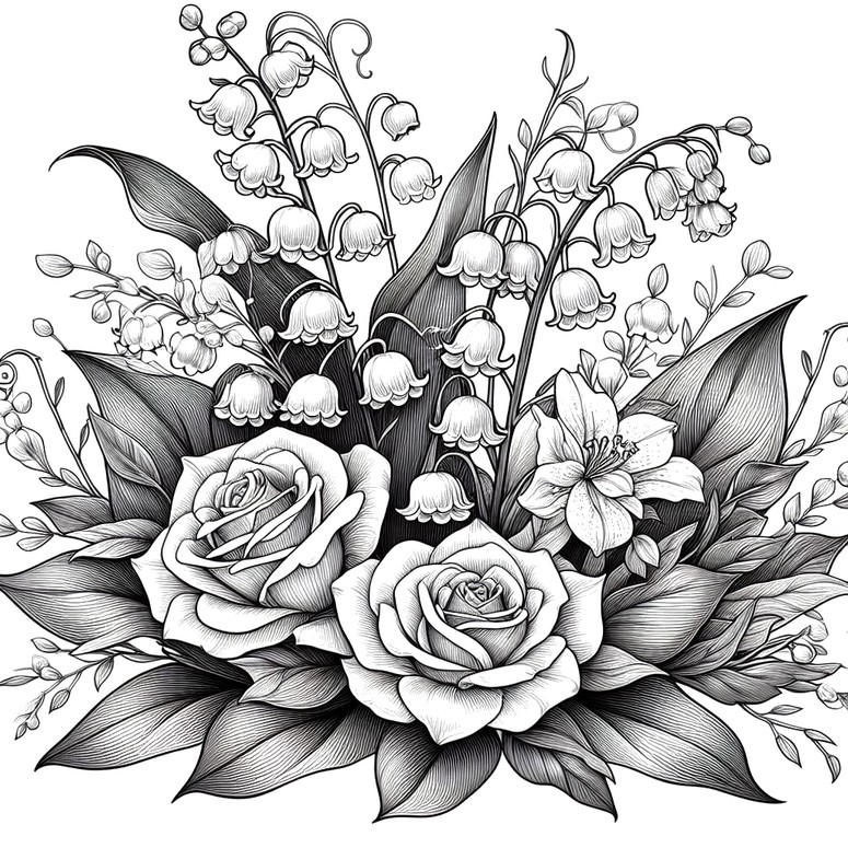 Coloring page Lily of the valley and roses
