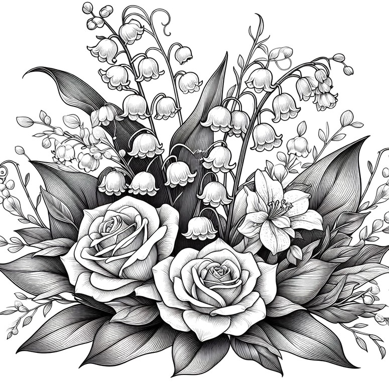 Desenho para colorir Lírio do vale e rosas